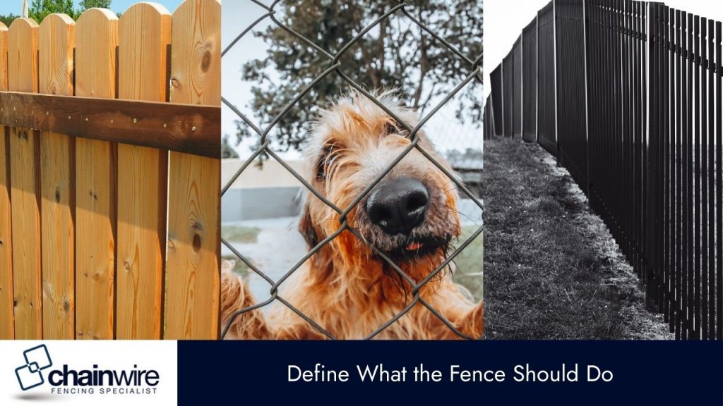 A triptych image comparing three fence types: a wooden picket fence on the left, a close-up of a shaggy dog looking through a chain-link fence in the middle, and a black metal vertical bar fence in black and white on the right. 