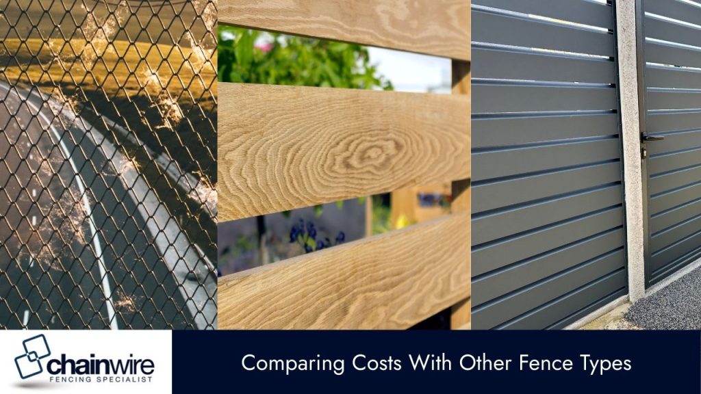 A triptych image comparing three different types of fencing: a close-up of a chain-link fence on the left, a light wood slat fence in the middle, and a modern grey horizontal metal fence on the right. 